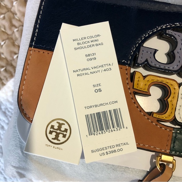 Tory Burch Miller Color-block Mini Shoulder Bag In Natural Vachetta / Royal Navy - Picture 7 of 8